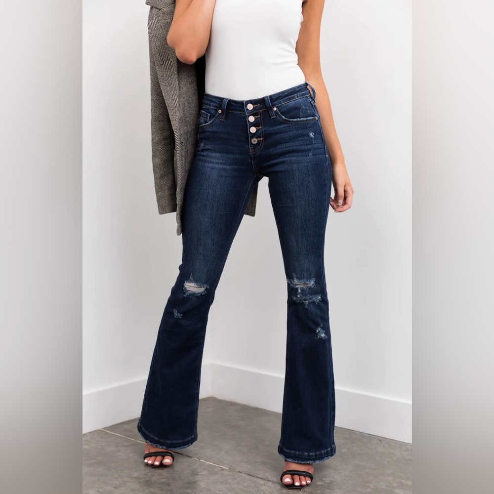 KanCan Dark Mid Rise Flare Jeans With Destroyed Knees